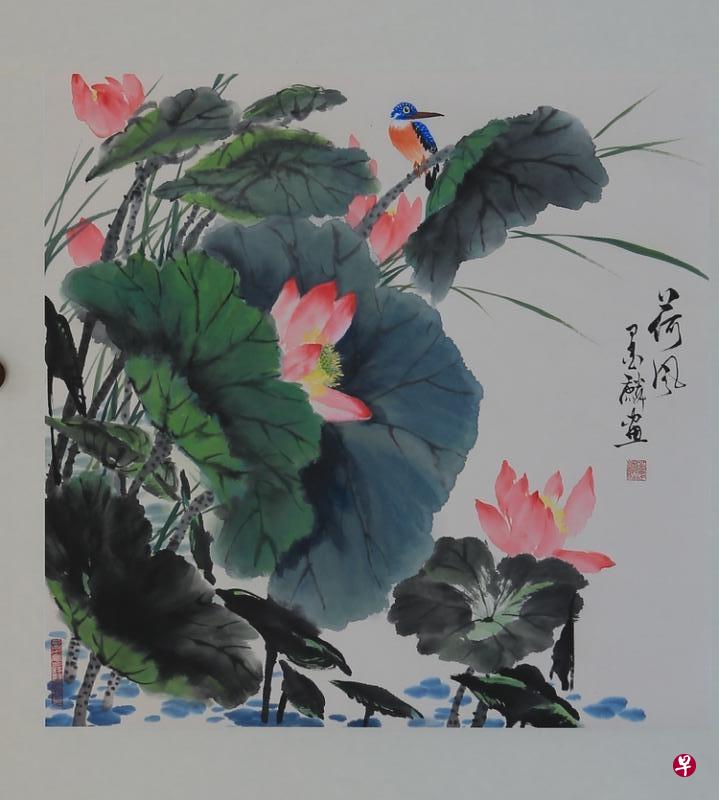 中国吴墨麟的彩墨荷花是展品之一。（主办方提供）