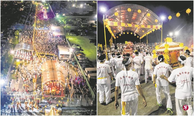 左图:后港斗母宫昨晚在榜鹅海边恭送九皇爷回銮,逾万信徒到场相送。(取自陈志伟面簿) 右图:数十名信徒轮流进行传统的舞神轿仪式。(摄影/吴伟国) 左图:后港斗母宫昨晚在榜鹅海边恭送九皇爷回銮,逾万信徒到场相送。(取自陈志伟面簿) 右图:数十名信徒轮流进行传统的舞神轿仪式。(摄影/吴伟国)