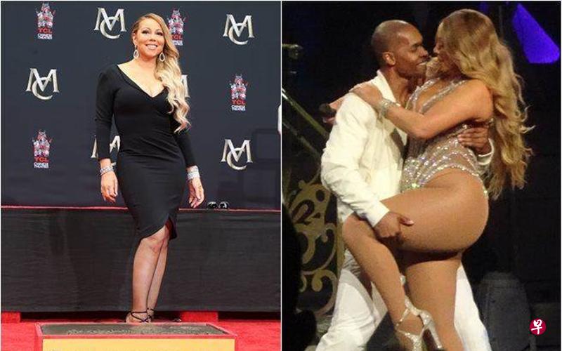 玛丽亚凯丽减肥后(左图)跟日前演出时身形差异很大。 玛丽亚凯丽减肥后(左图)跟日前演出时身形差异很大。