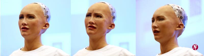 人工智慧机器人索菲亚的人类造型逼真,有多种脸部表情,如微笑与皱眉。它是由香港机器人科技公司汉森机器人研发,能利用声音、脸部识别技术和人工智慧与人类交谈。(萧紫薇摄) 人工智慧机器人索菲亚的人类造型逼真,有多种脸部表情,如微笑与皱眉。它是由香港机器人科技公司汉森机器人研发,能利用声音、脸部识别技术和人工智慧与人类交谈。(萧紫薇摄)