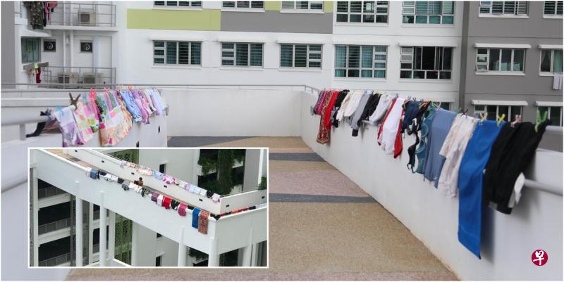 七旬老妇在空中走道晾衣服,被指不雅观。小图:七旬老妇将衣物晾在连接文礼通道第261A座组屋和对面停车场的屋顶花园的空中走道。(受访者提供) 七旬老妇在空中走道晾衣服,被指不雅观。小图:七旬老妇将衣物晾在连接文礼通道第261A座组屋和对面停车场的屋顶花园的空中走道。(受访者提供)