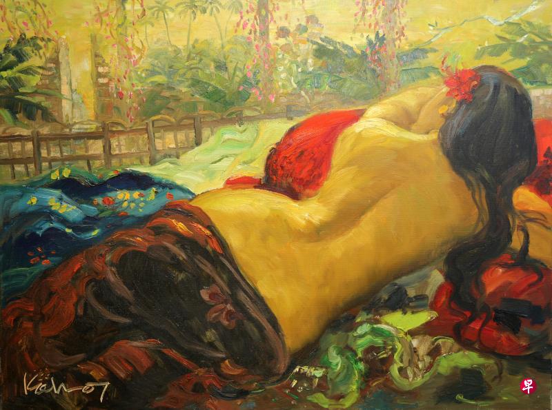 许锡勇2007年峇厘岛戴花女人背影的油画,用色更斑斓,风格更热带。 许锡勇2007年峇厘岛戴花女人背影的油画,用色更斑斓,风格更热带。