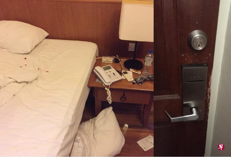 半裸男用主钥匙进入客房,企图强暴少妇被抓伤,床单上留下血迹。(受访者提供) 半裸男用主钥匙进入客房,企图强暴少妇被抓伤,床单上留下血迹。(受访者提供)