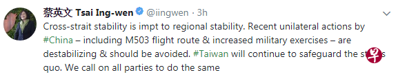 蔡英文:中国近期频繁地军事活动,以及启用M503航线等单方面行动,并无助于区域稳定。(推特截图) 蔡英文:中国近期频繁地军事活动,以及启用M503航线等单方面行动,并无助于区域稳定。(推特截图)