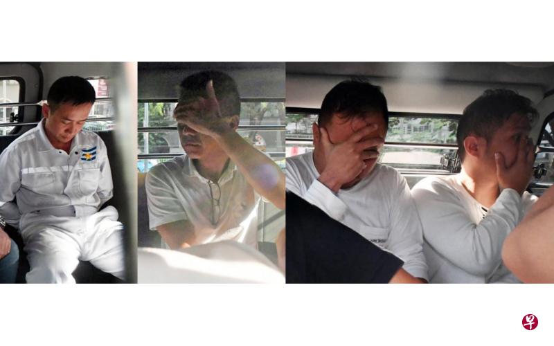 落网的11人昨天被控上法院,当中的四人是唐文汉(左起)、吴志强、谢国辉和蔡志忠。(新明日报) 落网的11人昨天被控上法院,当中的四人是唐文汉(左起)、吴志强、谢国辉和蔡志忠。(新明日报)