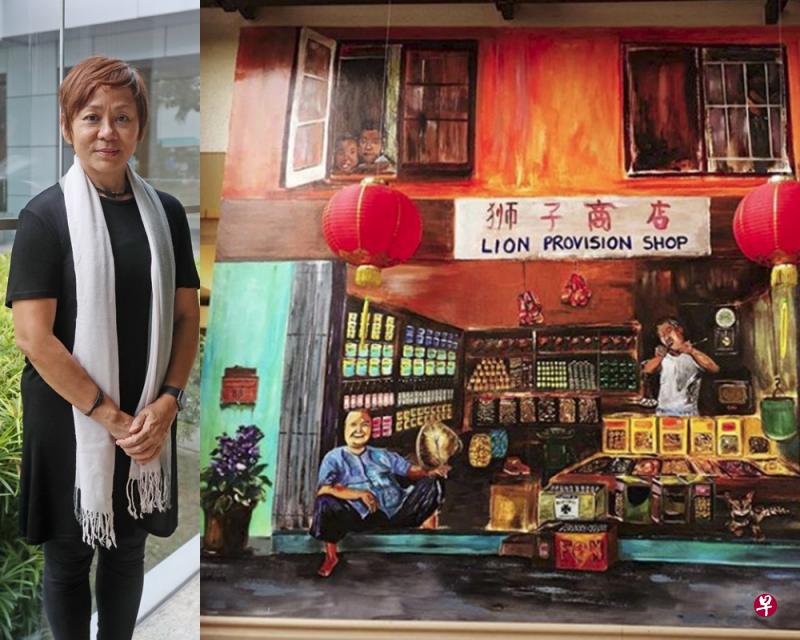 萧宝珠(左)在她所创作的壁画中,着重于再现本地旧日风貌。右图左下角那名老妇的原型其实是她的婆婆。(取自Instagram) 萧宝珠(左)在她所创作的壁画中,着重于再现本地旧日风貌。右图左下角那名老妇的原型其实是她的婆婆。(取自Instagram)