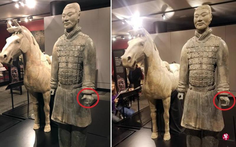 左手拇指被折断、盗走前后的参展兵俑。(互联网) 左手拇指被折断、盗走前后的参展兵俑。(互联网)