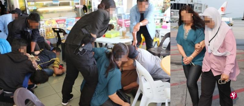 马国警察根据情报突击沙巴一家餐馆,逮捕多名恐嫌。右图为此次反恐行动中唯一被捕的女嫌犯(蓝衣者)。(马国警方提供) 马国警察根据情报突击沙巴一家餐馆,逮捕多名恐嫌。右图为此次反恐行动中唯一被捕的女嫌犯(蓝衣者)。(马国警方提供)