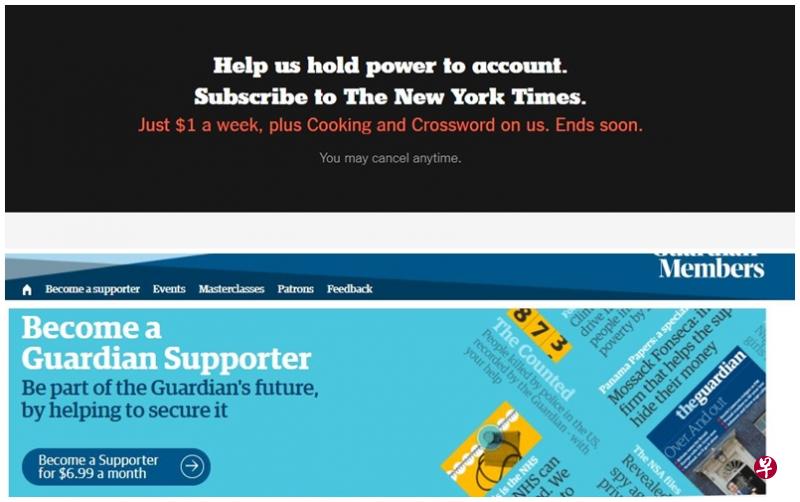 法新社报道,由于各方对网上内容增设较严格限制,这带动许多新闻机构的数码付费订阅量。(《纽约时报》与《卫报》网站截图) 法新社报道,由于各方对网上内容增设较严格限制,这带动许多新闻机构的数码付费订阅量。(《纽约时报》与《卫报》网站截图)