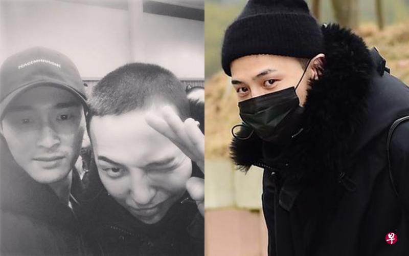 G-Dragon顶着阿兵哥标准的小平头发型(左图右),俏皮地举手敬礼。G-Dragon戴着口罩(右图)到军营报到。 G-Dragon顶着阿兵哥标准的小平头发型(左图右),俏皮地举手敬礼。G-Dragon戴着口罩(右图)到军营报到。