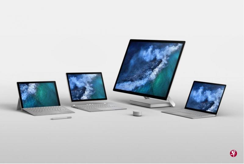 Microsoft全系列Surface产品,(左起)Surface Pro、Surface Book 2、Surface Studio和Surface Laptop。 Microsoft全系列Surface产品,(左起)Surface Pro、Surface Book 2、Surface Studio和Surface Laptop。