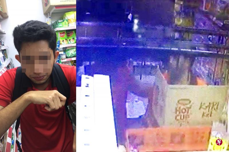 店员莫哈莫（左图）脸上挨了几拳。男顾客买酒被拒挥拳打人的一幕（右图），被电眼拍下。（受访者提供）