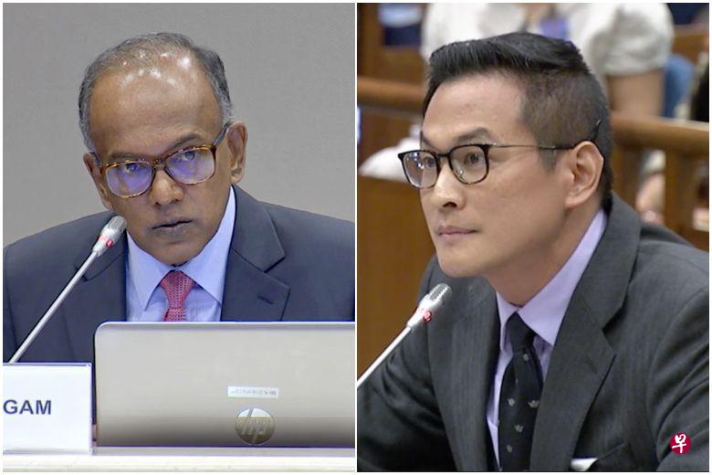 历史学者覃炳鑫在国会对建国总理李光耀作出严重指责,内政部长兼律政部长尚穆根认为不能保持沉默,而在网络假信息听证会上用了近六个小时盘问对方。(gov.sg视频截图) 历史学者覃炳鑫在国会对建国总理李光耀作出严重指责,内政部长兼律政部长尚穆根认为不能保持沉默,而在网络假信息听证会上用了近六个小时盘问对方。(gov.sg视频截图)