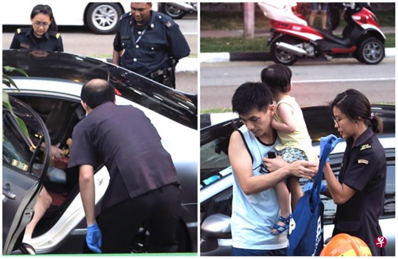 左图:车门打开的第一刻,救护人员立即检查男童,确保他没事。右图:3岁男童被父亲从车里抱出来时,已经热得满头大汗。(陈来福摄影) 左图:车门打开的第一刻,救护人员立即检查男童,确保他没事。右图:3岁男童被父亲从车里抱出来时,已经热得满头大汗。(陈来福摄影)