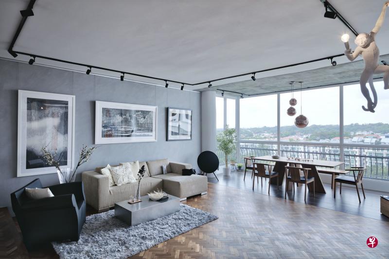 客厅另一面墙上统一展示中国三位当代水墨画家作品,彰显屋主的个性品味。 客厅另一面墙上统一展示中国三位当代水墨画家作品,彰显屋主的个性品味。