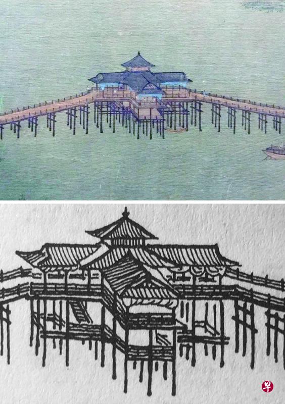 宋代18岁画家王希孟《千里江山图》长卷山水中局部所绘,横跨吴江的长桥江心所建的垂虹亭(上图);古建筑专家傅熹年依图描绘的垂虹亭白描图(下图)。 宋代18岁画家王希孟《千里江山图》长卷山水中局部所绘,横跨吴江的长桥江心所建的垂虹亭(上图);古建筑专家傅熹年依图描绘的垂虹亭白描图(下图)。