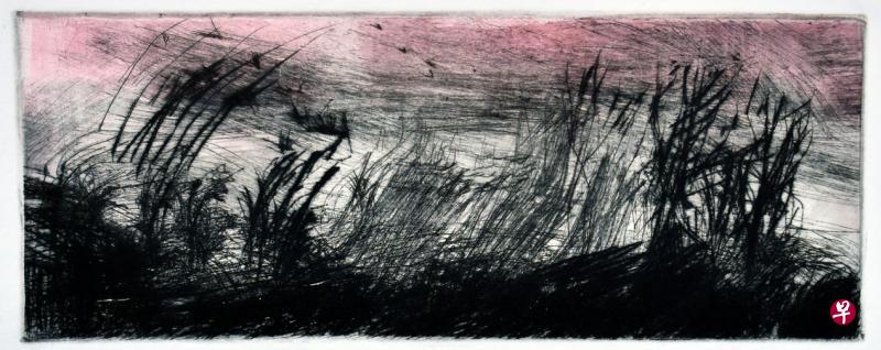 庄心珍用干刻创作的《黑土地》版画。(受访者提供) 庄心珍用干刻创作的《黑土地》版画。(受访者提供)