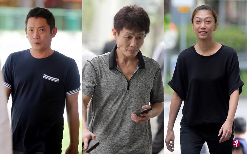 两名男被告陈松明(左)和洪信宝(中)被判坐牢六周,女被告彭佩佩判监四周。(海峡时报) 两名男被告陈松明(左)和洪信宝(中)被判坐牢六周,女被告彭佩佩判监四周。(海峡时报)