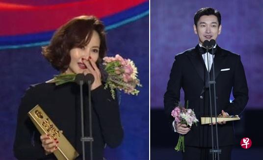 金南珠(左)以《Misty》获封视后,喜极而泣。曹承佑夺下百想艺术大奖电视类最佳男主角。(互联网)) 金南珠(左)以《Misty》获封视后,喜极而泣。曹承佑夺下百想艺术大奖电视类最佳男主角。(互联网))