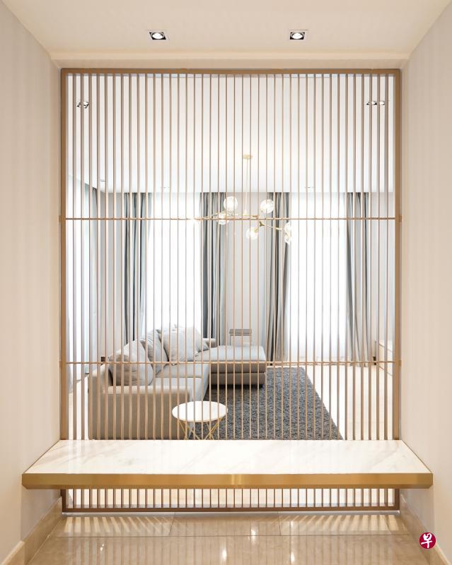 入口处条纹白大理石后的香槟铜色网格,为玄关和室内作了很好的分界。 入口处条纹白大理石后的香槟铜色网格,为玄关和室内作了很好的分界。