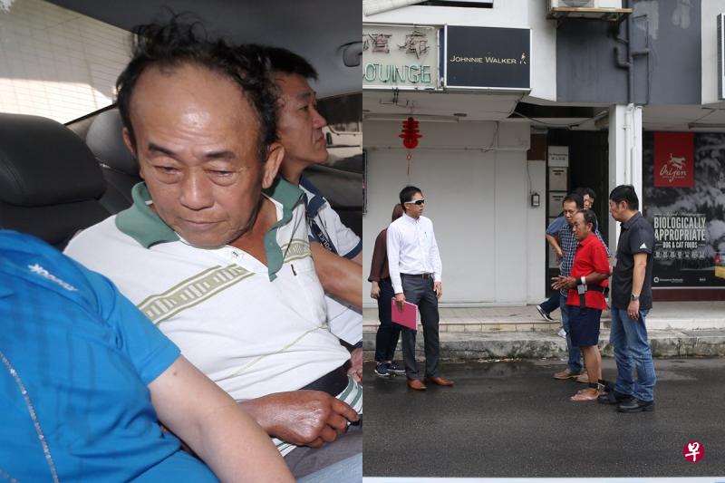 匿藏槟城38年的萧南盛，于今年三月被押还回新加坡（左图）。今年3月，他被押回现场重组案情。（档案照）