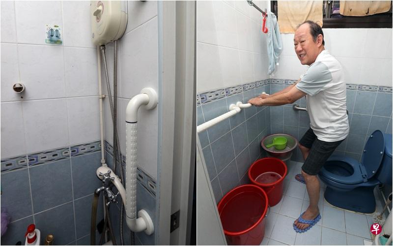 林德谦亲自示范使用厕所里的扶手。(饶进礼摄) 林德谦亲自示范使用厕所里的扶手。(饶进礼摄)
