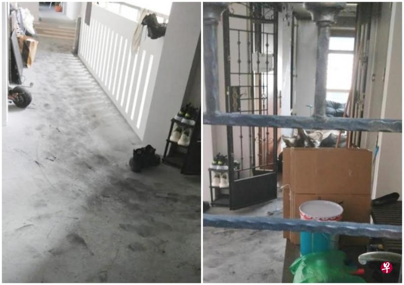电动踏板车火患严重烧毁客厅内的家具,甚至一些电器都烧;走廊外留下许多焦黑的脚印。(受访者提供) 电动踏板车火患严重烧毁客厅内的家具,甚至一些电器都烧;走廊外留下许多焦黑的脚印。(受访者提供)