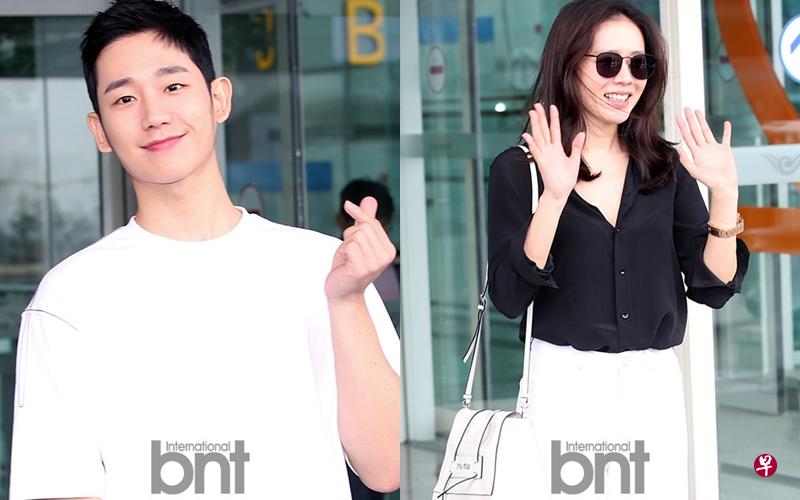 孙艺珍及丁海寅昨天穿着黑白情侣装现身仁川机场,准备出发到札幌,参加庆功旅行。(图/bnt提供) 孙艺珍及丁海寅昨天穿着黑白情侣装现身仁川机场,准备出发到札幌,参加庆功旅行。(图/bnt提供)