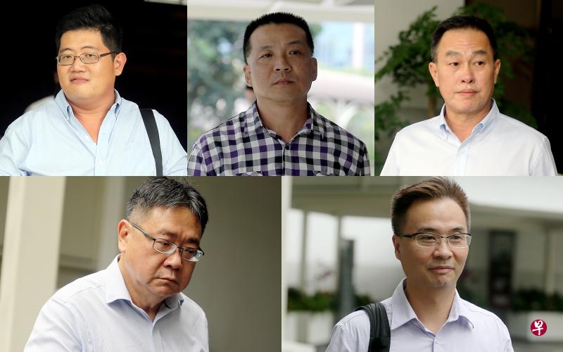 高架桥项目工程师王乔海(上排左起)、高架桥项目总监余志强、OKP执行董事胡土发、认证的工程结构检查员梁邵宏、分包商的专业工程师罗伯特面对五项控状。(海峡时报) 高架桥项目工程师王乔海(上排左起)、高架桥项目总监余志强、OKP执行董事胡土发、认证的工程结构检查员梁邵宏、分包商的专业工程师罗伯特面对五项控状。(海峡时报)