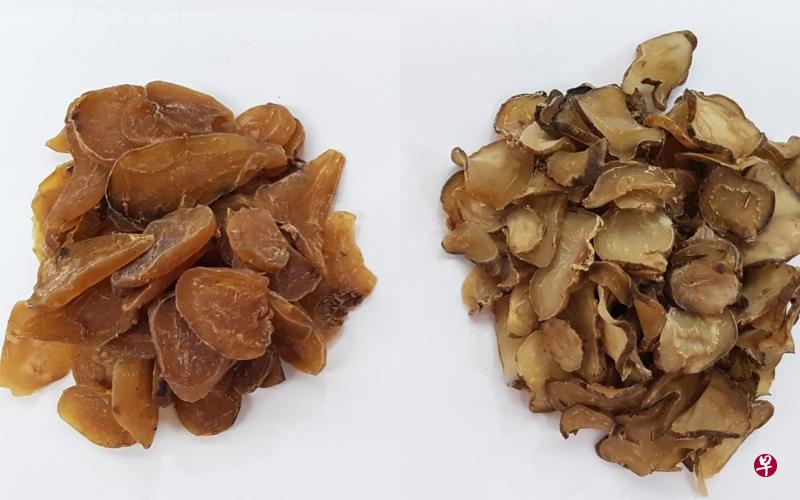 白附子(左)和白附片因相似的名字和外形而容易被混淆,但却是完全不同的药材。(新加坡中药公会提供) 白附子(左)和白附片因相似的名字和外形而容易被混淆,但却是完全不同的药材。(新加坡中药公会提供)