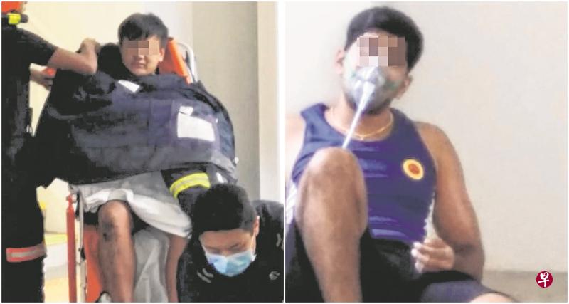 两名小兄弟手脚都有轻微烧伤,其中一人(左)救出后正准备送院治疗。青年(右)在援救两兄弟的过程中,吸入过多浓烟,过后送院检查。(读者提供) 两名小兄弟手脚都有轻微烧伤,其中一人(左)救出后正准备送院治疗。青年(右)在援救两兄弟的过程中,吸入过多浓烟,过后送院检查。(读者提供)