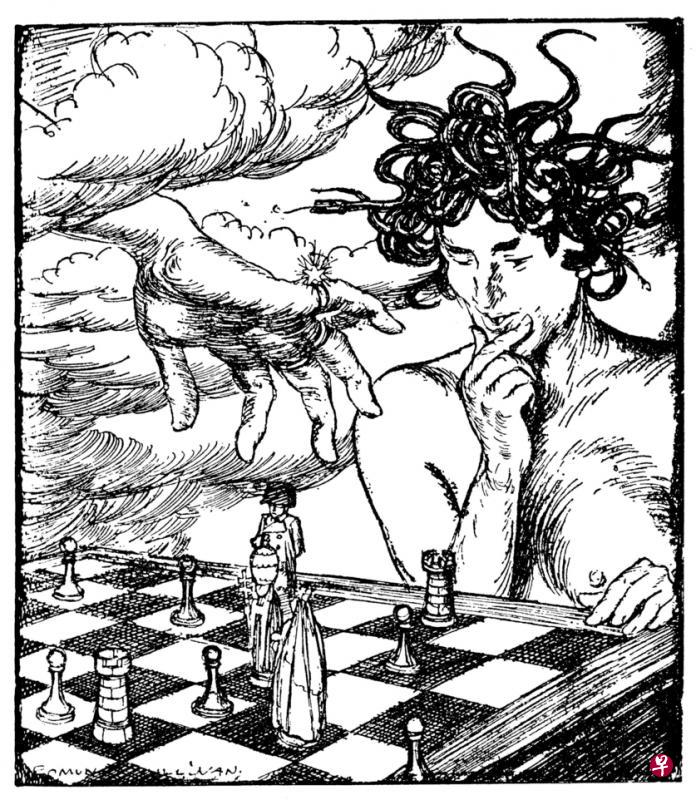 珈音与“强手”对弈。《鲁拜集》插图,沙利文(E.J. Sullivan)作。(作者提供) 珈音与“强手”对弈。《鲁拜集》插图,沙利文(E.J. Sullivan)作。(作者提供)