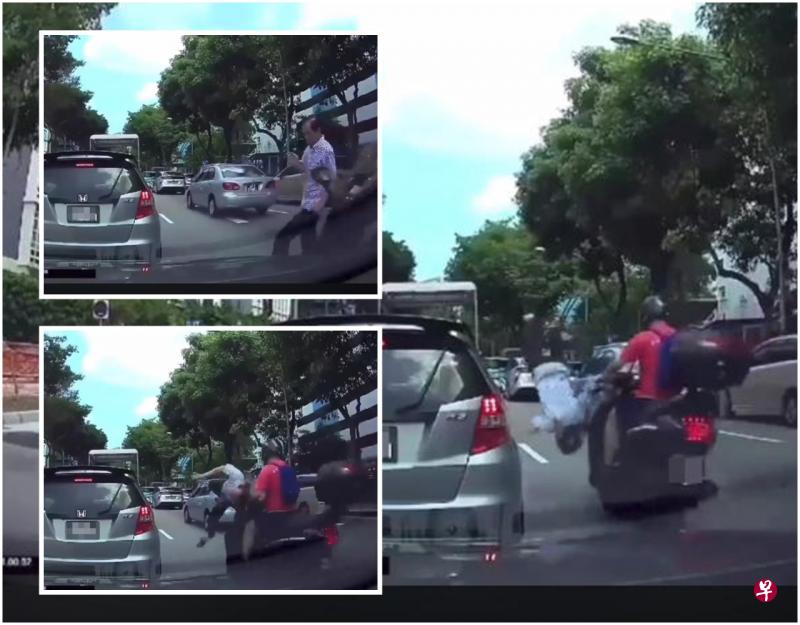 阿伯从右边过马路,才越过两条车道,就被电单车整个人撞飞。(视频截图) 阿伯从右边过马路,才越过两条车道,就被电单车整个人撞飞。(视频截图)