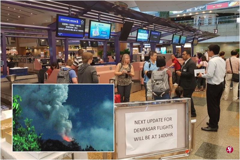 多名外国旅客到了机场才得知飞往峇厘岛的班机已被取消。(海峡时报)小图:印尼阿贡火山(Mount Agung)大喷发,火山灰高逾1000公尺。(法新社) 多名外国旅客到了机场才得知飞往峇厘岛的班机已被取消。(海峡时报)小图:印尼阿贡火山(Mount Agung)大喷发,火山灰高逾1000公尺。(法新社)