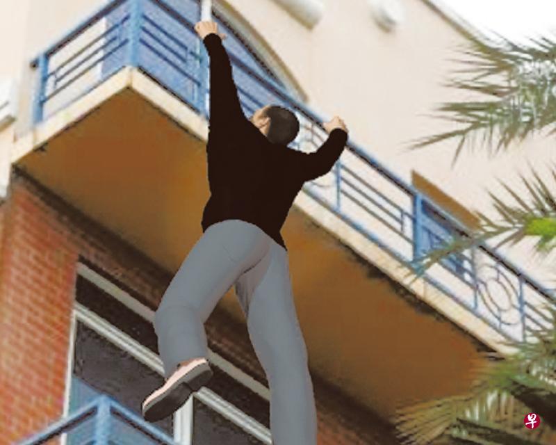 事发时,黑衣男双手抓住三楼阳台的扶手栏,身体悬挂在阳台外。(示意图/文泽) 事发时,黑衣男双手抓住三楼阳台的扶手栏,身体悬挂在阳台外。(示意图/文泽)