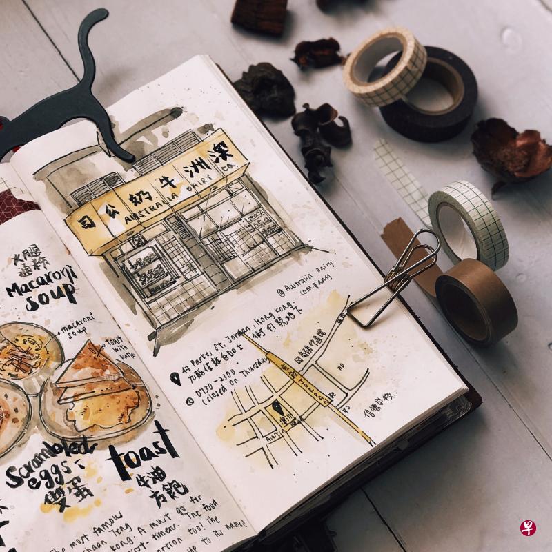蔡庄惠到香港旅行时，以手作笔记记录旅程点滴（右图）。
