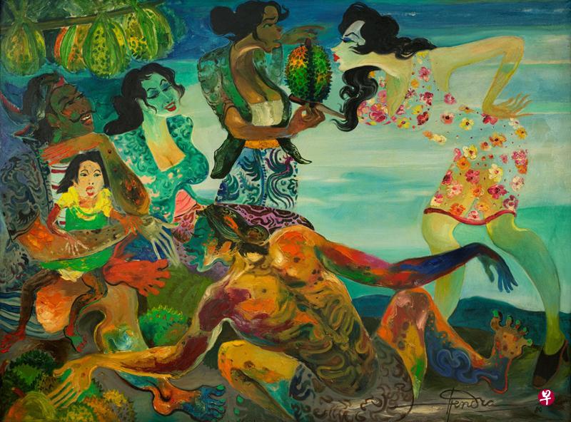 亨德拉·古纳万油画《榴梿小贩》(1980),其用色鲜艳及人物丰乳肥臀形象受第二任太太影响。(主办方提供) 亨德拉·古纳万油画《榴梿小贩》(1980),其用色鲜艳及人物丰乳肥臀形象受第二任太太影响。(主办方提供)