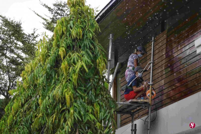 潘薇洛的两名女佣站在自己搭建的鹰架上,为木墙打磨、上清漆和油漆。(档案照片) 潘薇洛的两名女佣站在自己搭建的鹰架上,为木墙打磨、上清漆和油漆。(档案照片)