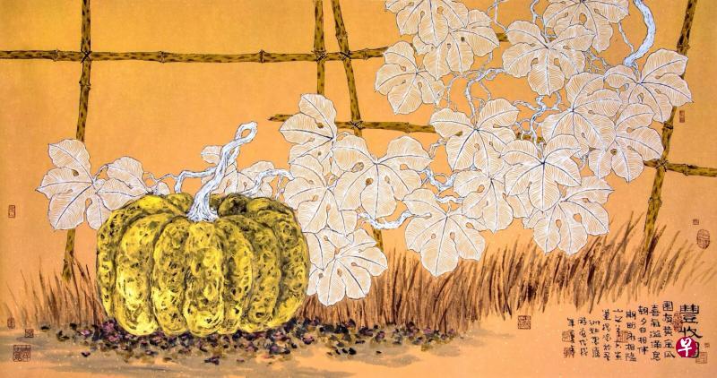 林仰章六英尺大画《丰收图》的大片白描叶子与攀藤反衬出带金底色,让画面醒了。(受访者提供) 林仰章六英尺大画《丰收图》的大片白描叶子与攀藤反衬出带金底色,让画面醒了。(受访者提供)