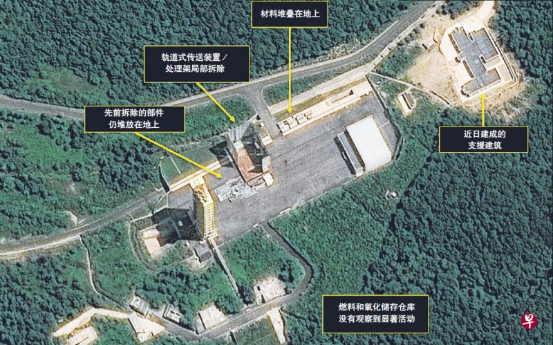 卫星图片显示,朝鲜西海卫星发射场拆除工作遭暂停,此前被拆除的部件仍堆放在地上。(路透社) 卫星图片显示,朝鲜西海卫星发射场拆除工作遭暂停,此前被拆除的部件仍堆放在地上。(路透社)
