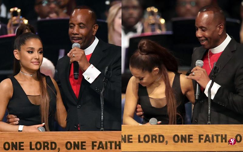 被牧师查尔斯拥着,亚莉安娜明显地感到不自在。(法新社) 被牧师查尔斯拥着,亚莉安娜明显地感到不自在。(法新社)