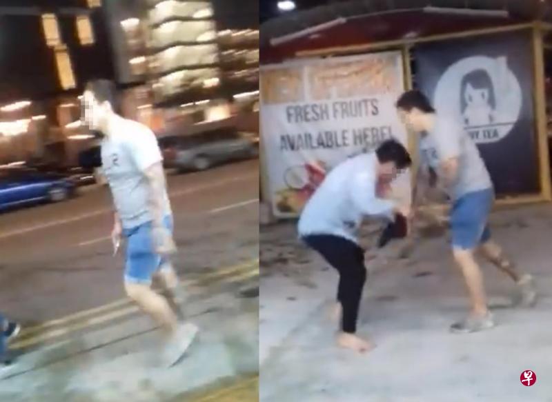 左图为男子右手拿着像是水果刀的利器。 右图为衬衫男(左)数度被攻击。(取自网络) 左图为男子右手拿着像是水果刀的利器。 右图为衬衫男(左)数度被攻击。(取自网络)