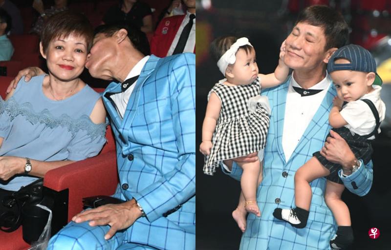 (左图)王雷领奖后,台下亲吻妻子,感谢她多年来的支持。(右图)王雷“左拥右抱”,带着两个孙子上台领“2018歌台卓越奖”。 (左图)王雷领奖后,台下亲吻妻子,感谢她多年来的支持。(右图)王雷“左拥右抱”,带着两个孙子上台领“2018歌台卓越奖”。