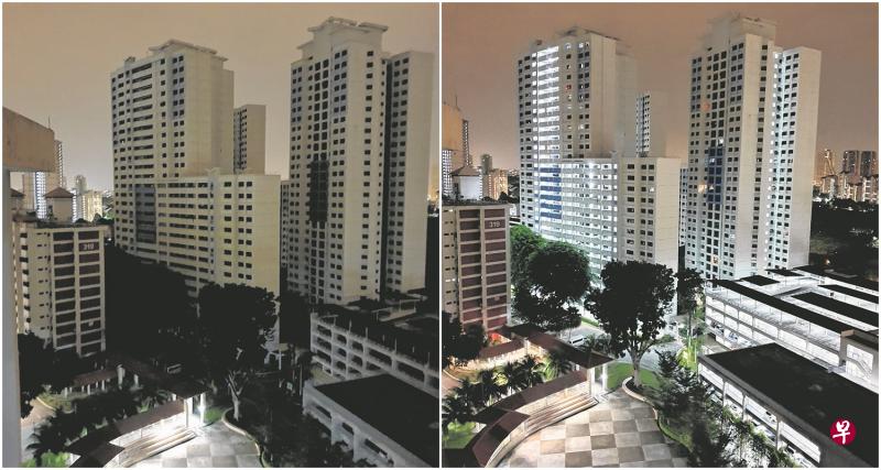 左图:宏茂桥一带的组屋在约凌晨1时20分电流中断,到处一片漆黑。右图:宏茂桥的组屋过后在约1时55分恢复电力供应。(梁麒麟/摄影) 左图:宏茂桥一带的组屋在约凌晨1时20分电流中断,到处一片漆黑。右图:宏茂桥的组屋过后在约1时55分恢复电力供应。(梁麒麟/摄影)