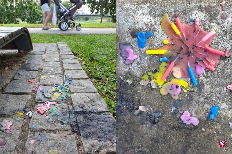 庆祝活动结束后,公园里留下不少五颜六色的“蜡烛残泪”。(梁麒麟摄) 庆祝活动结束后,公园里留下不少五颜六色的“蜡烛残泪”。(梁麒麟摄)