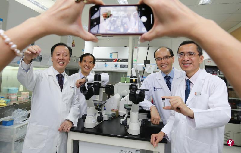 获得总统科学奖、培植了全球首个迷你中脑的团队成员：国大杨潞龄医学院生理学系主管林嘉隆副教授（左起）、国立脑神经医学院神经内科高级顾问医生陈秋生副教授、新加坡科技研究局的新加坡基因研究院院长黄学晖教授，以及国立脑神经医学院脑神经内科高级顾问医生陈永庆教授。（梁麒麟摄）