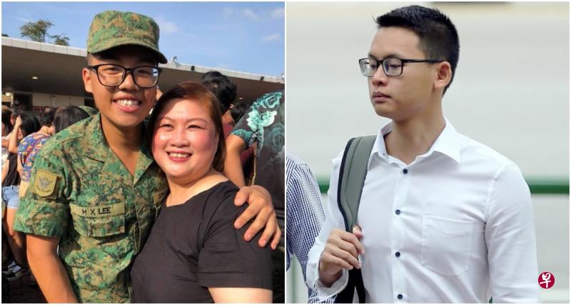 陈宝树案发时是李函轩旳长官，今早他穿着白色衬衫和黑色西裤出庭，他面对一项行为鲁莽导致他人死亡控狀。（海峡时报）左图为李函轩与母亲合照。（档案照）