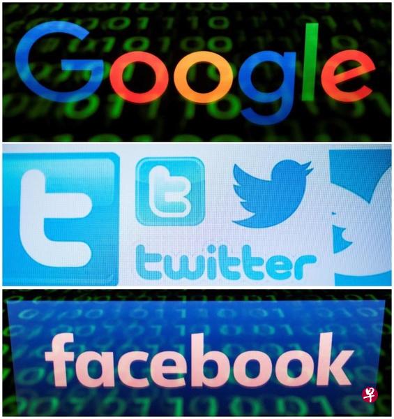 2018年4月29日,法国首都巴黎一个平板电脑上的谷歌、推特和面簿徽标。(法新社) 2018年4月29日,法国首都巴黎一个平板电脑上的谷歌、推特和面簿徽标。(法新社)