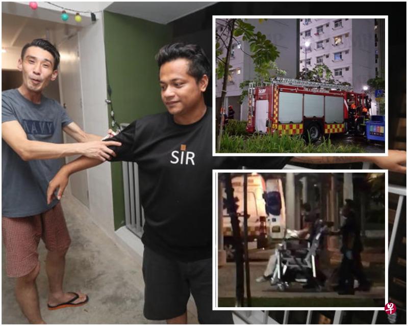 热心邻居傅文财(左)和伊姆兰示范他们救下56岁阿叔的过程;阿叔事后被带走送往邱德拔医院。 热心邻居傅文财(左)和伊姆兰示范他们救下56岁阿叔的过程;阿叔事后被带走送往邱德拔医院。