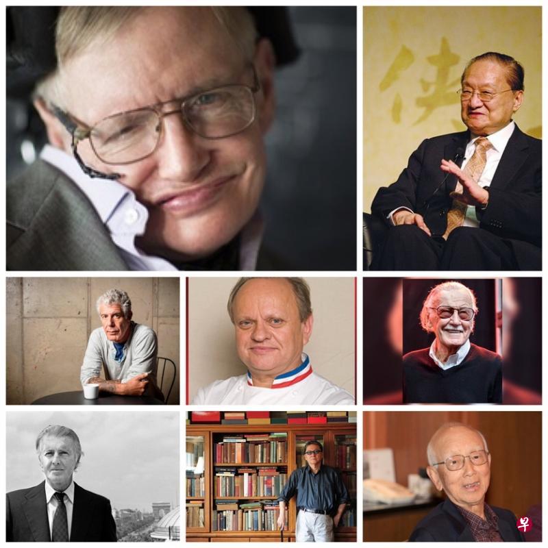 今年是大师级人物展开终极旅行的“风水好年”。上排左起:史蒂芬霍金、金庸、安东尼波登、侯布雄、史丹李、纪梵希、李敖及邹文怀。(合成图,取自互联网) 今年是大师级人物展开终极旅行的“风水好年”。上排左起:史蒂芬霍金、金庸、安东尼波登、侯布雄、史丹李、纪梵希、李敖及邹文怀。(合成图,取自互联网)